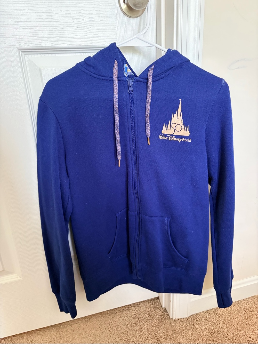Disney Women's Royal Blue 50th Anniversary Zip Hoodie with Gold Castle Logo